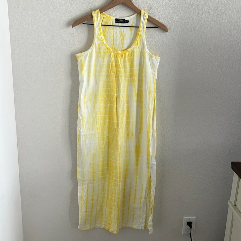 Polo Ralph Lauren Yellow Tie Dye Dress Midi Side Slit 100% Cotton XS